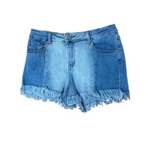 Altar’d State Two-Tone Blue Frayed Hem Denim Mid-Rise Shorts